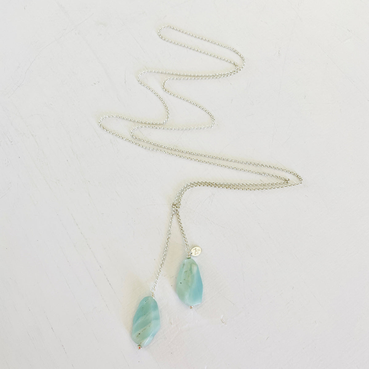 Gracefully in Balance Amazonite Necklace by ZEN by Karen Moore Jewelry zoomed out view on white background