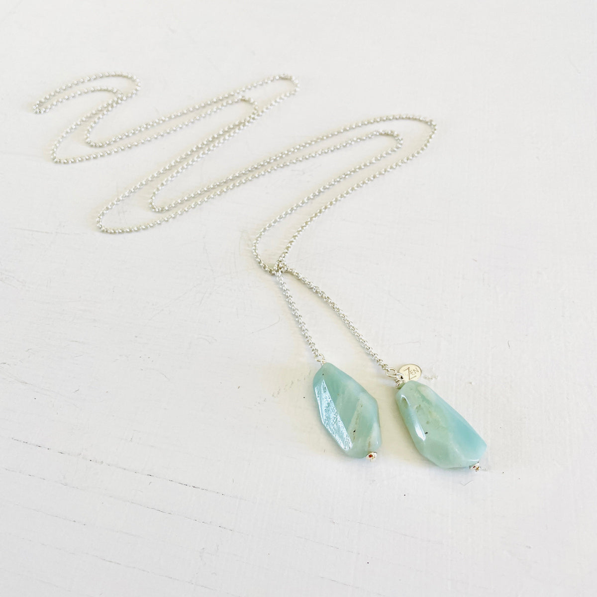 Gracefully in Balance Amazonite Necklace by ZEN by Karen Moore Jewelry alternate angled view on white background