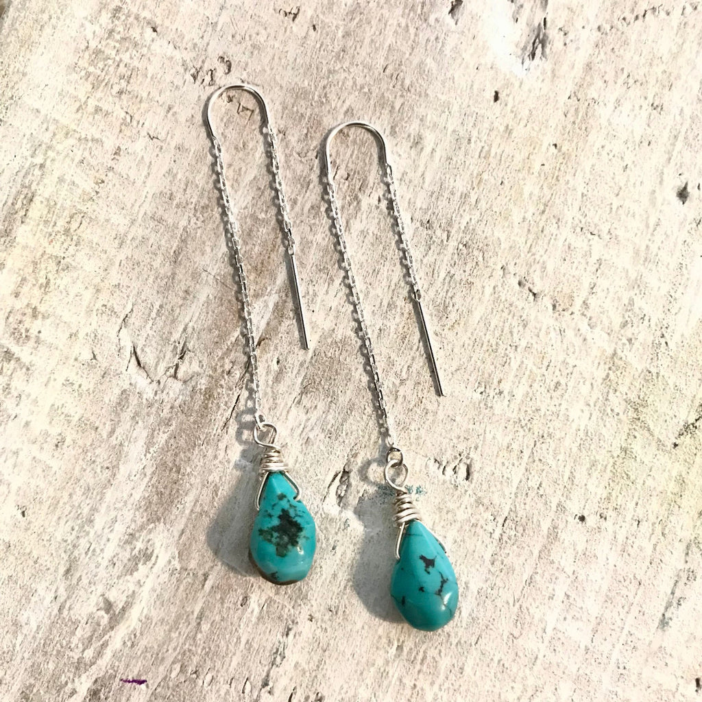 Tear Drops Of Goodness Turquoise Earrings by ZEN by Karen Moore on white wood