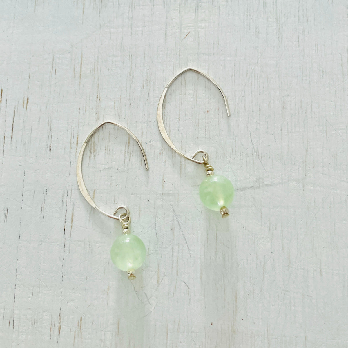 ZEN by Karen Moore Prehnite Silver Earrings on white background
