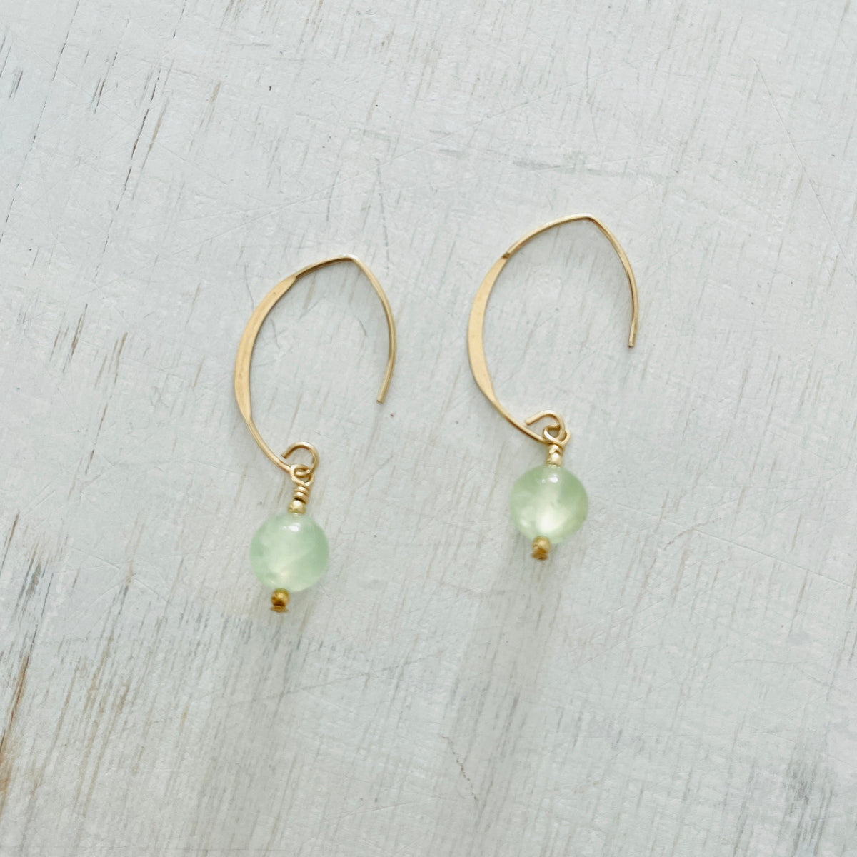 ZEN by Karen Moore Prehnite Gold Earrings on white background
