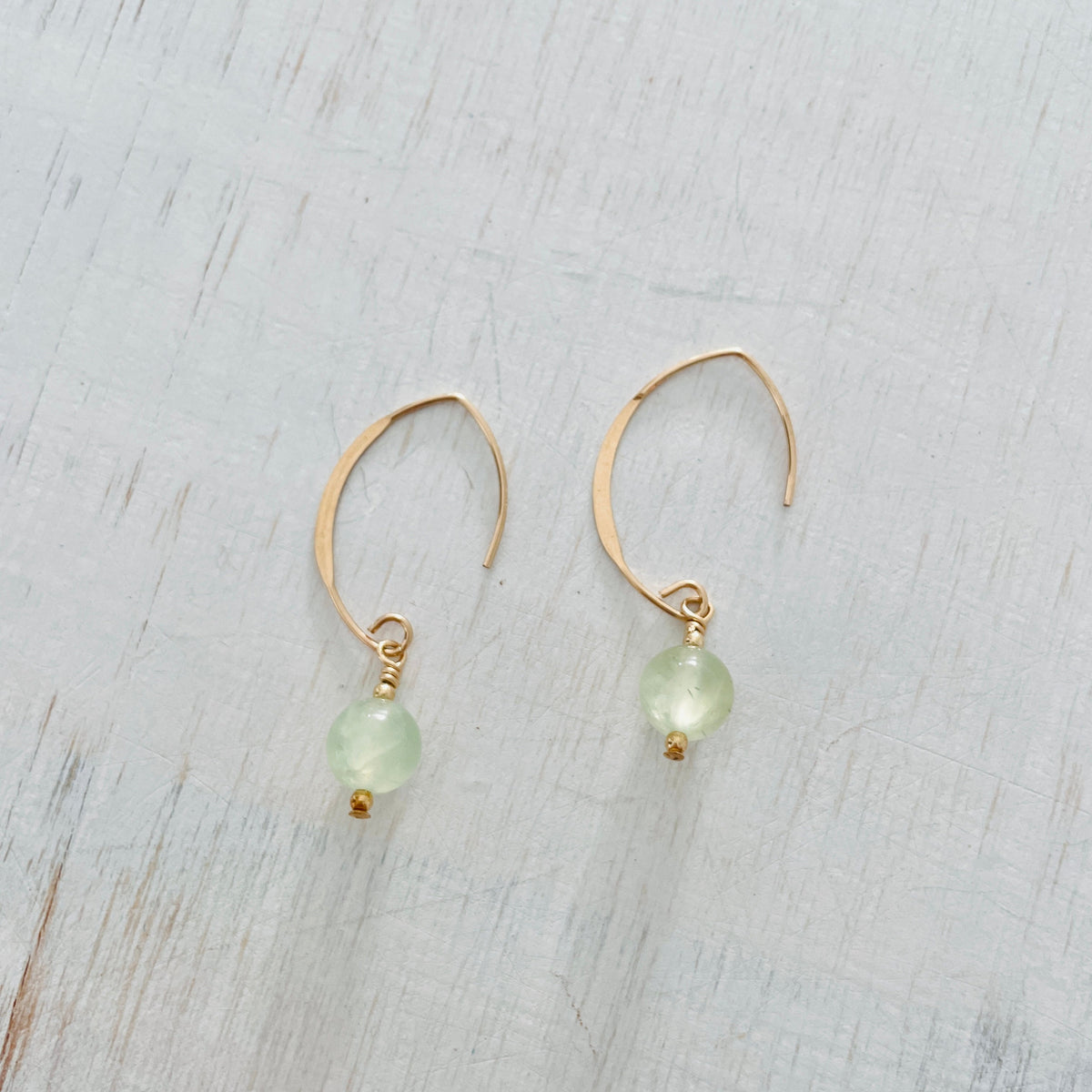 ZEN by Karen Moore Prehnite Gold Earrings on white background