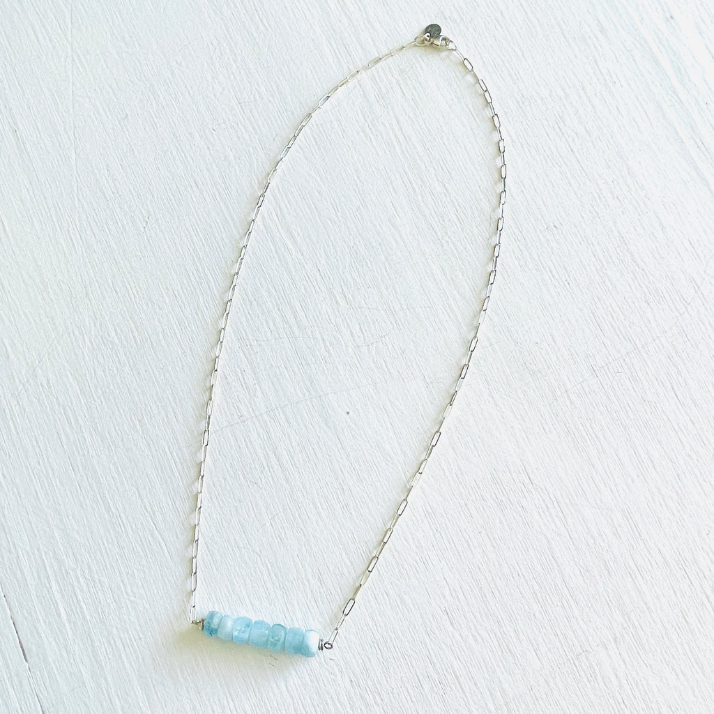 Clear Your Mind Aquamarine Necklace by ZEN by Karen Moore jewelry in sterling silver on white background