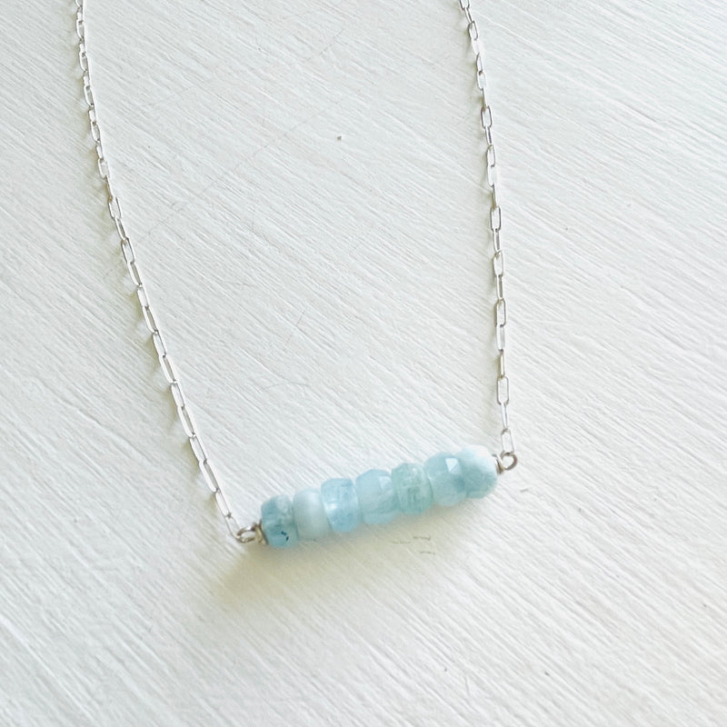 Clear Your Mind Aquamarine Necklace by ZEN by Karen Moore jewelry in sterling silver close up on white background