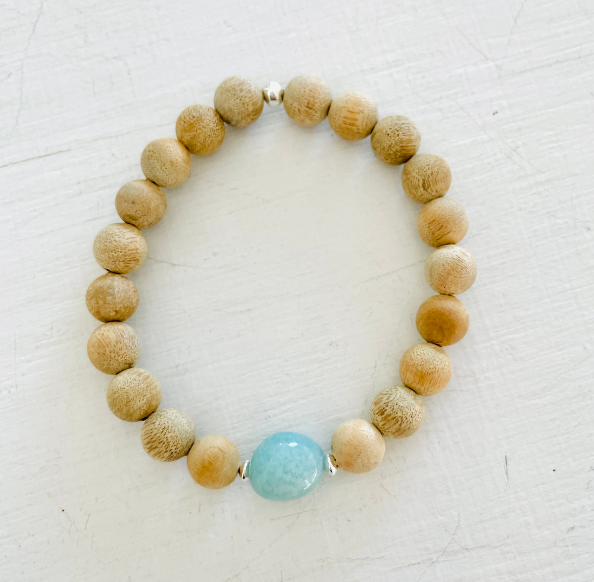 Mojo Amazonite Sandalwood Bracelet by ZEN by Karen Moore close up on white background