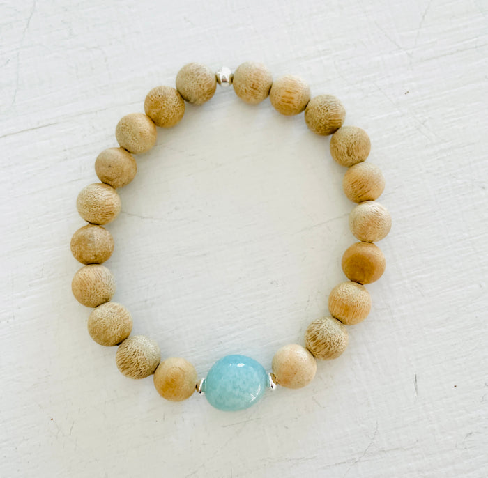 Mojo Amazonite Sandalwood Bracelet by ZEN by Karen Moore close up on white background