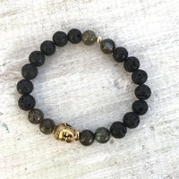 Labradorite & lava stone Stay Strong Buddha Aromatherapy Bracelet by ZEN by Karen Moore on white wood