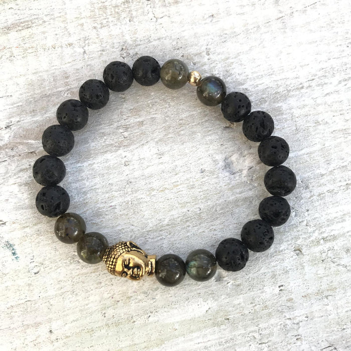 Labradorite & lava stone Stay Strong Buddha Aromatherapy Bracelet by ZEN by Karen Moore on white wood
