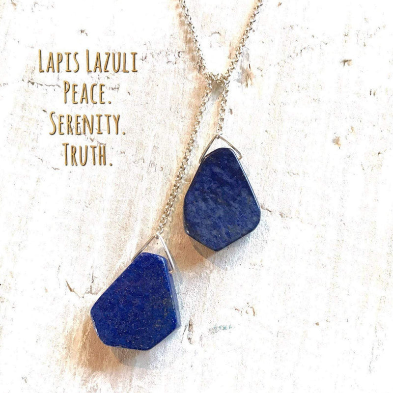 Be Truly You Lapis ZEN Wrap® Necklace by ZEN by Karen Moore with words "Lapis Lazuli Peace. Serenity. Truth" on white wood