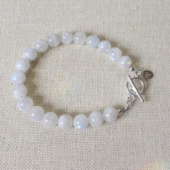 The Goddess moonstone bracelet by ZEN by Karen Moore on cream cloth