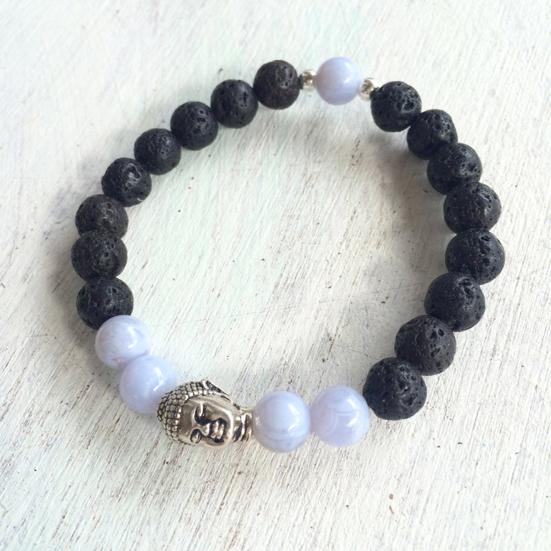 Blue lace agate & lava stone I Am Calm Aromatherapy Bracelet by ZEN by Karen Moore on white wood