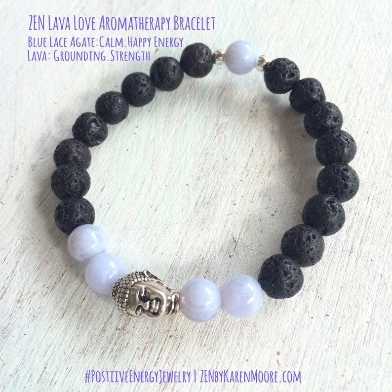 Blue lace agate & lava stone I Am Calm Aromatherapy Bracelet by ZEN by Karen Moore with gemstone meaning copy on white wood