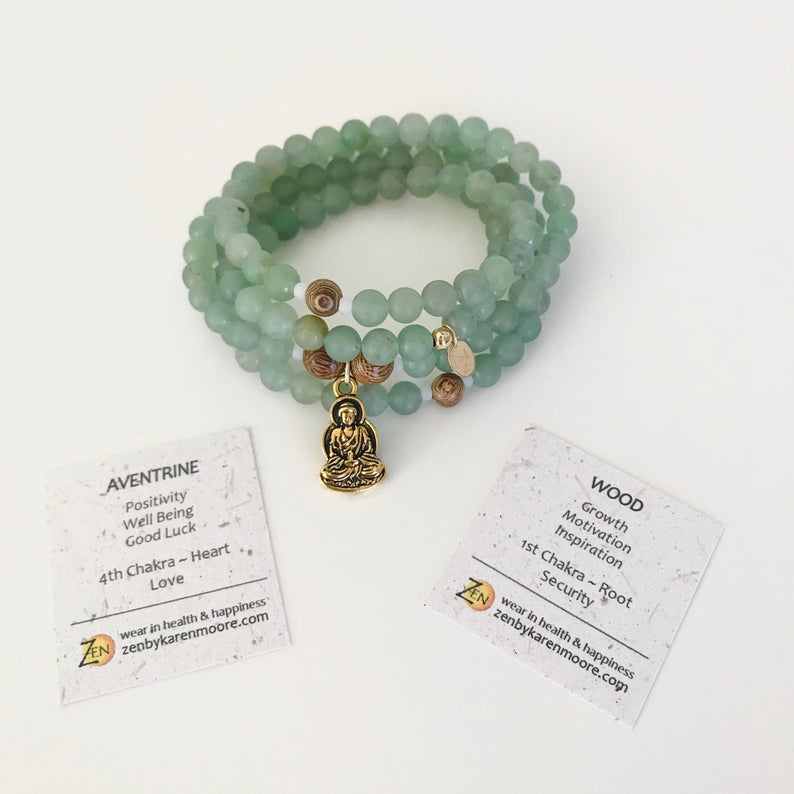 Aventurine & tiger wood Positively Being Aventurine Mala prayer beads by ZEN by Karen Moore with meaning cards
