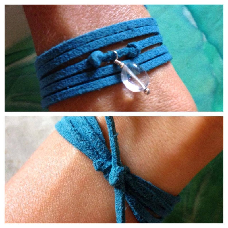 Eco ZEN Wrap jewelry with blue suede band by ZEN by Karen Moore on wrist