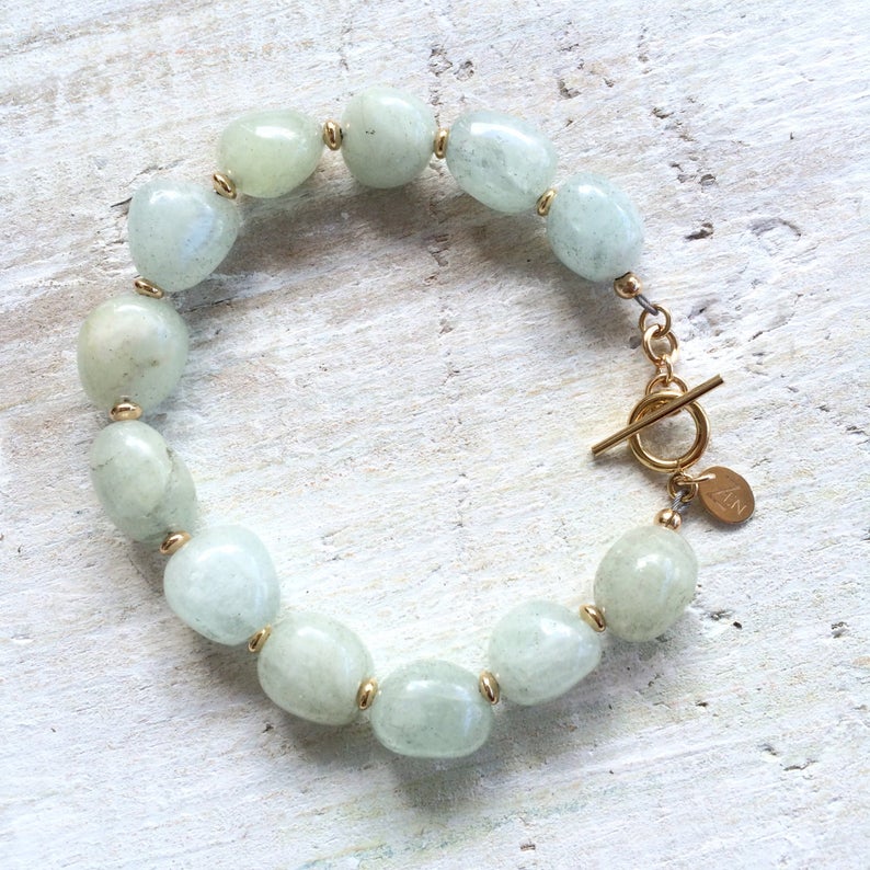 Courage To Be You Aquamarine Bracelet by ZEN by Karen Moore with gold accents overhead view on white background