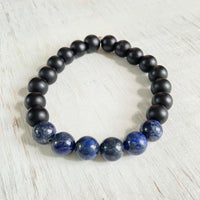 Truth of your Soul Lapis Lazuli & Onyx Menz ZEN Bracelet on white wood background