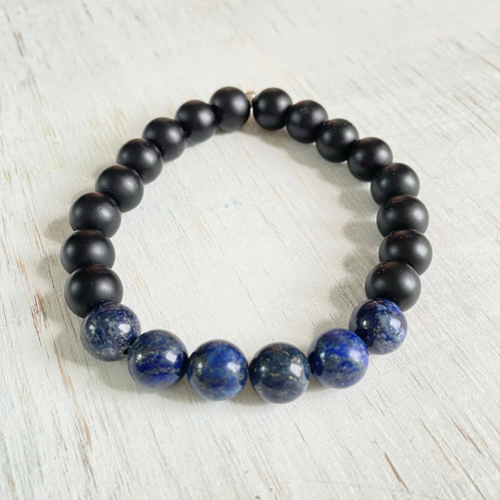 Truth of your Soul Lapis Lazuli & Onyx Menz ZEN Bracelet on white wood background
